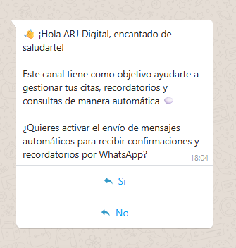 Mensaje de bienvenida de WhatsApp para confirmación de citas